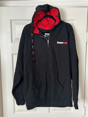 GameStop Men's 2XL Full Zip Fleece Hoodie Black Graphic Logo Red Lined Hood